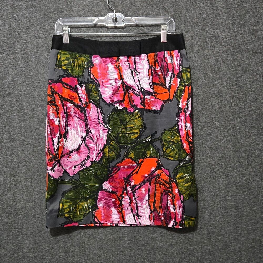 Trina Turk Skirt Womens 10 Red Black Cotton Silk Blend Pencil Slit Lined Floral